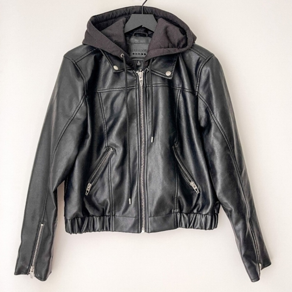 Blank NYC | Jacket Moto Faux Leather Hoodie Black | XL